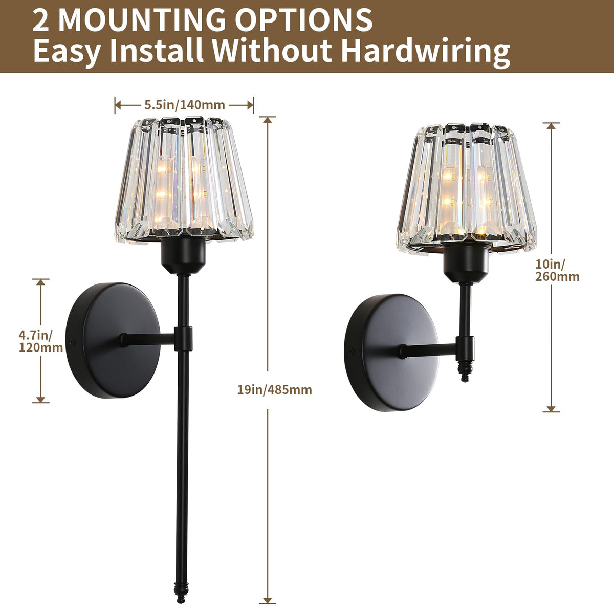 Battery Operated Crystal Wall Sconce Set of 2, Black Rechargeable Wireless Wall Sconces with Remote Dimmable 12 Colors Modes Led Wall Lights, Wall Lamp for Bedroom Living Room Hallway 2 Bulbs Included