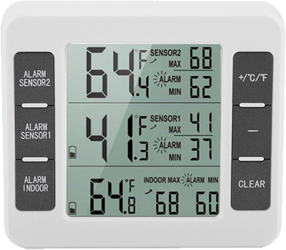 Digital Refrigerator Thermometer with Audible Alarm, 2PCS Sensor, Min Maximum Display
