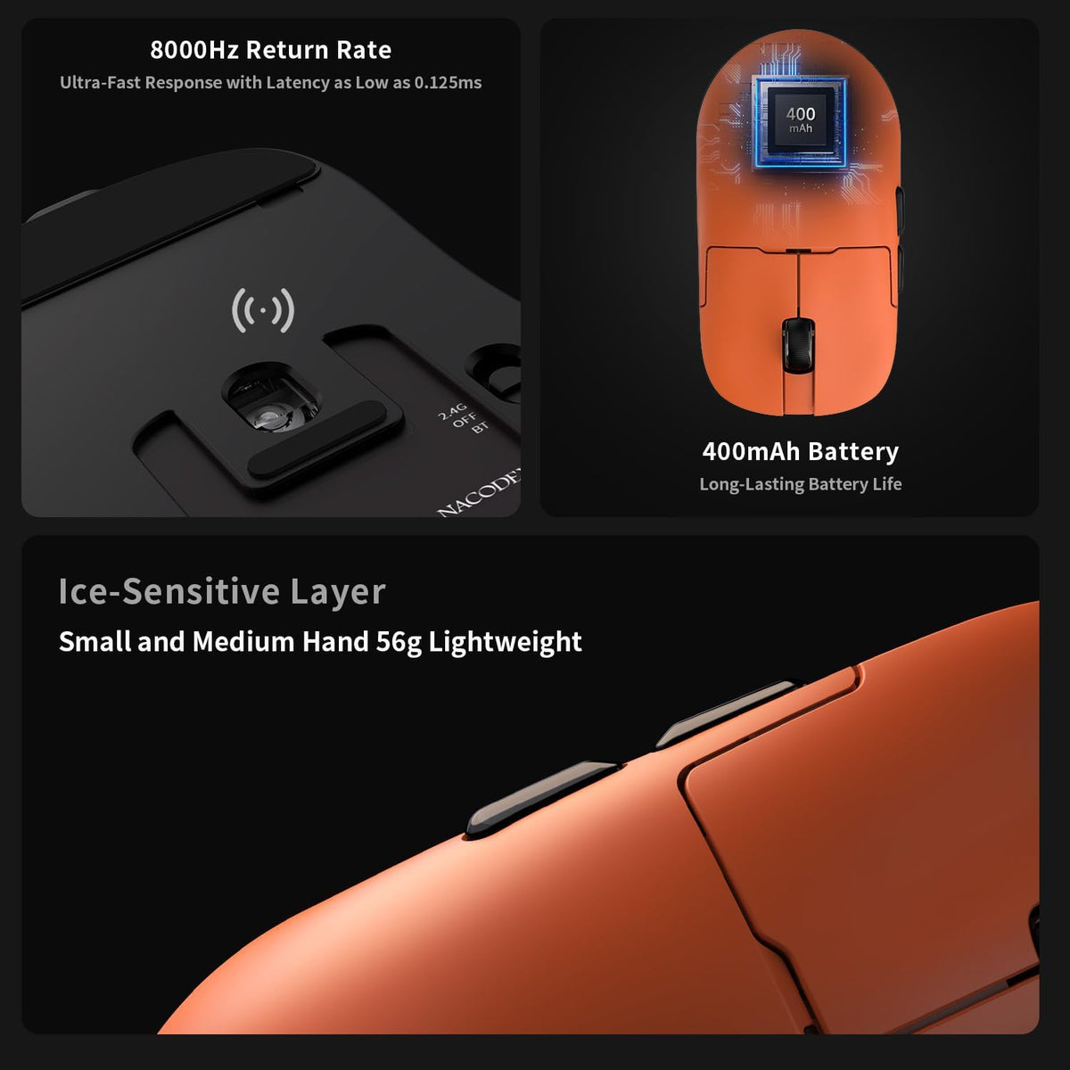 DAIDAI Ajazz AJ159 APEX Wireless Gaming Mouse with TFT Color Screen Charging Dock, 56g Ultra-Lightweight Ambidextrous Mice, PAW3950 Sensor, Tri-Mode, Orange