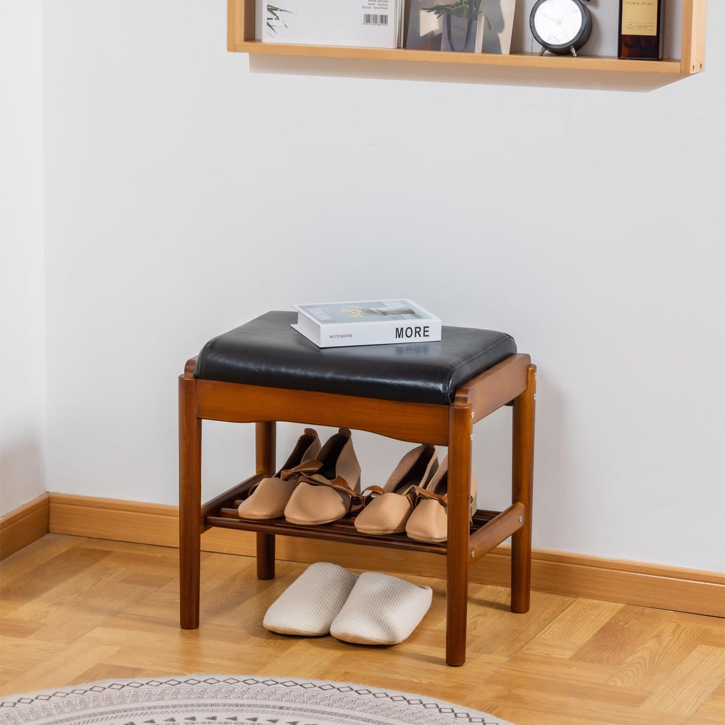 SOBIBO Shoe Bench, Entryway Bench, Wood 2-Tier Shoe Rack with Cushion Padded Seat Shoe Organizer (17.71",Black)