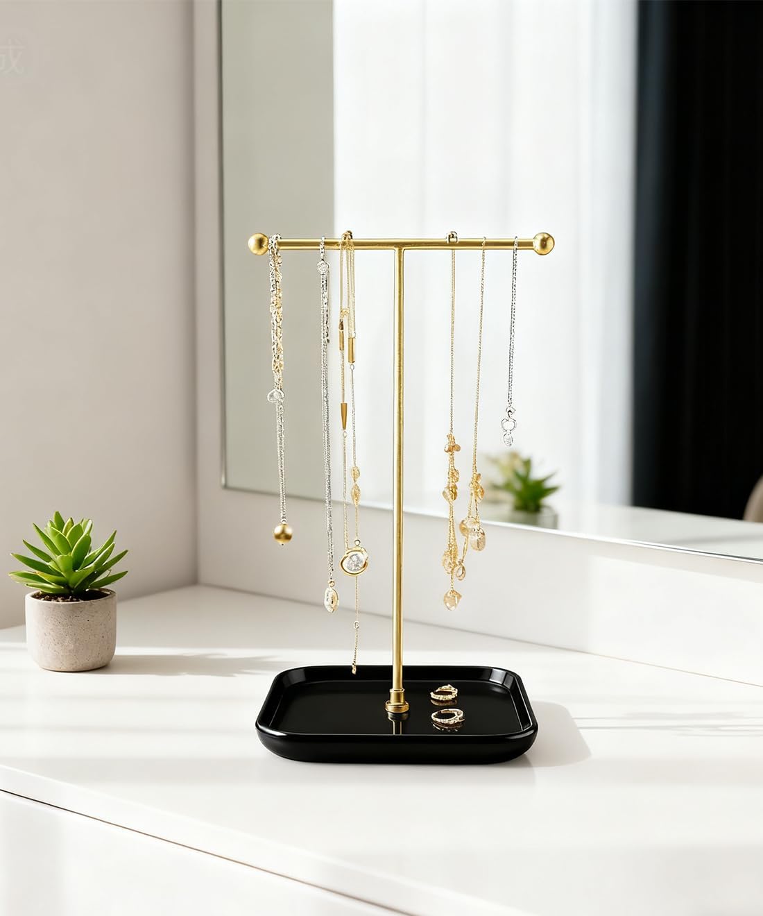 VROOMIUM Necklace Holder with Ceramic Base,1FT Height Stand,Sq.Bk-Gd