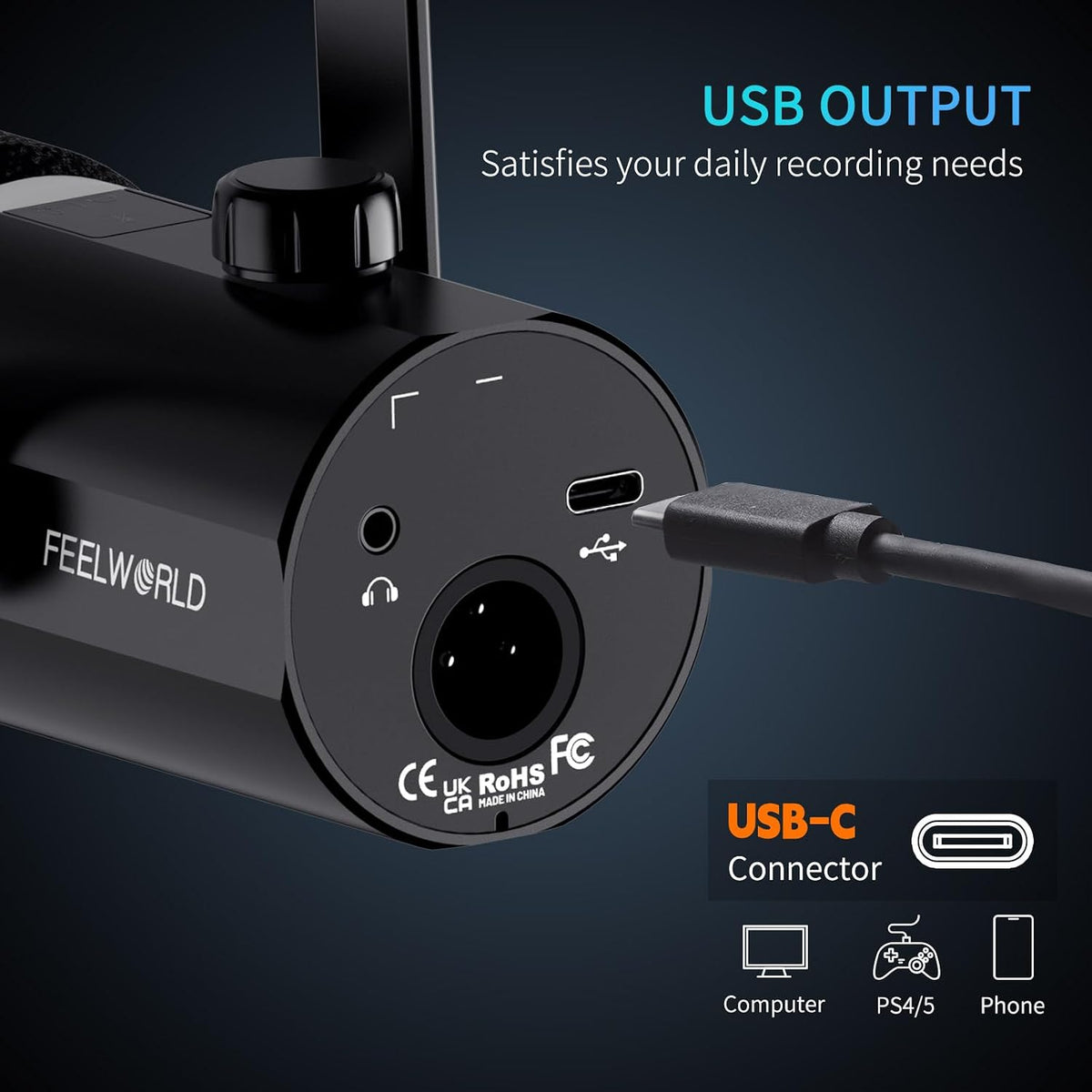 FEELWORLD PM1 XLR USB Black Metal Podcast Dynamic Microphone for Recording