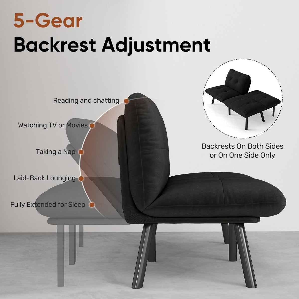 homeokay Futon Sofa Sleeper Couch Bed with Adjustable Backrest Thick Cushion Velvet Fabric for Department Living Room Lounge Sofa Loveseat (Black)