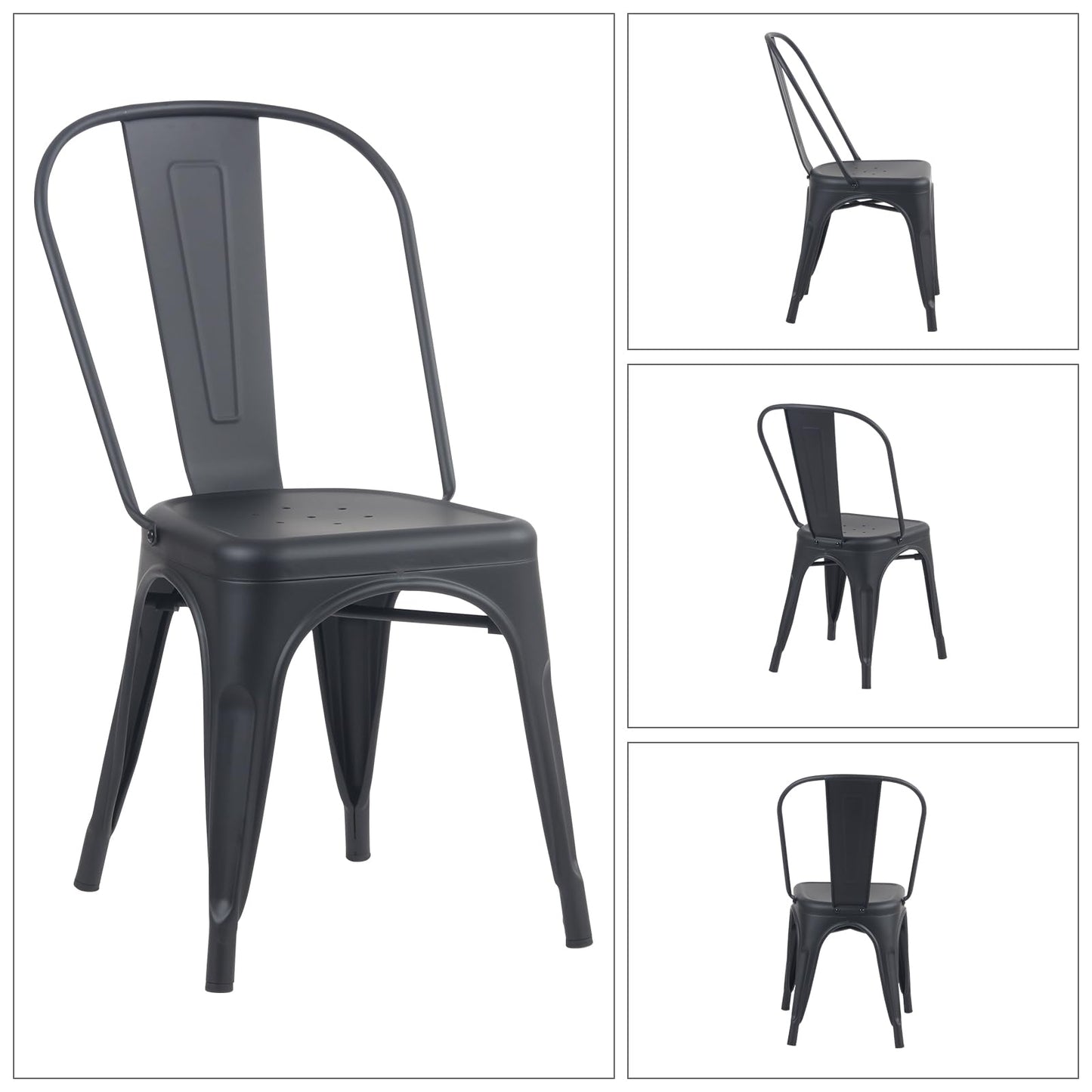 YOUNIKE Metal Dining Chairs Set of 4 Iron Stackable Removable Back Cafe Side Patio Chairs Rubber Feet Stylish Modern Indoor Outdoor Classic Chic Industrial Vintage Bistro Kitchen Matte Black