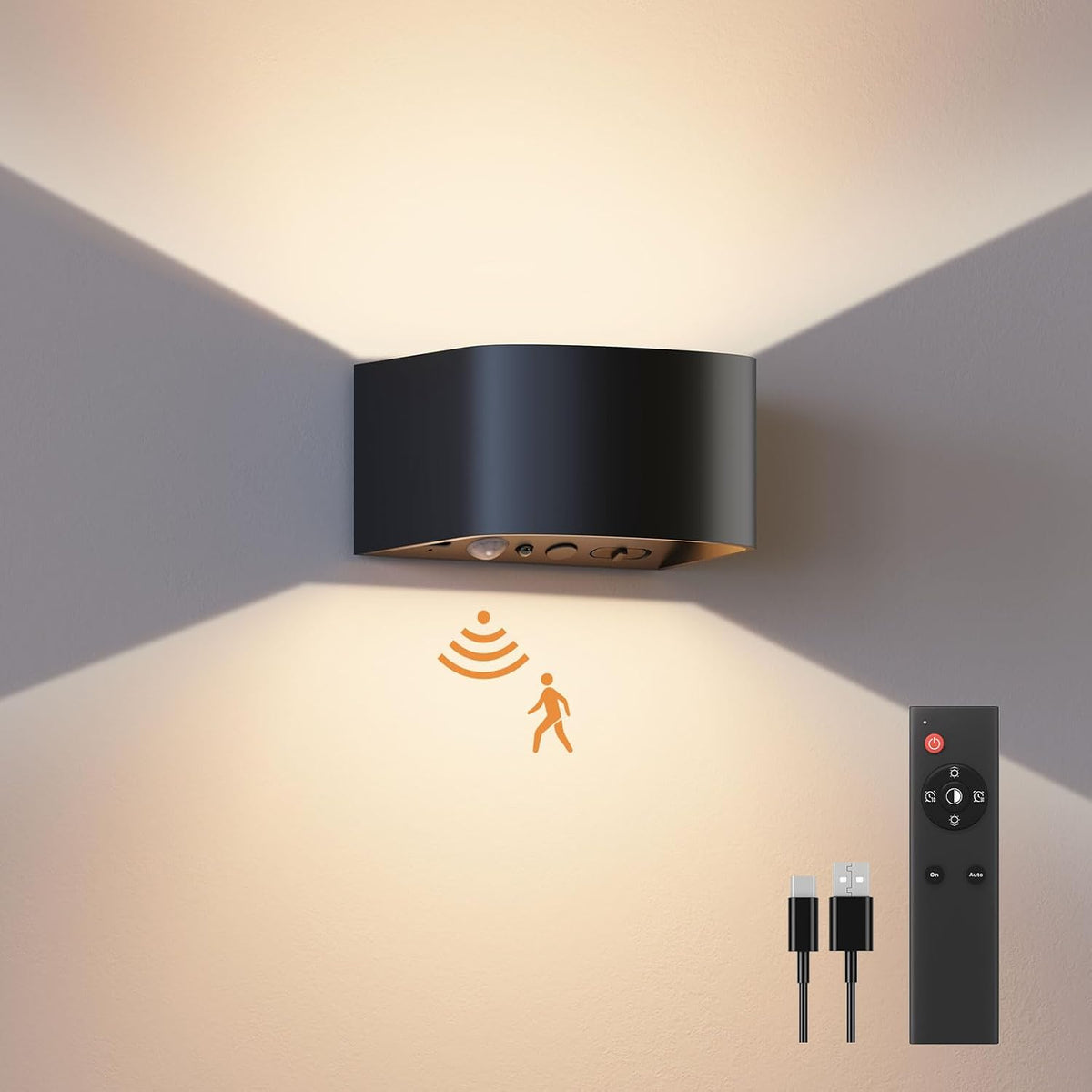 FULEN Motion Sensor Wall Light with Remote Control 3 Colors Wireless Wall Lamp LED Indoor Up and Down Wall Sconce 5000mAh Rechargeable Battery Powered Wall Lamps Brightness Adjustable, White 1 Pack