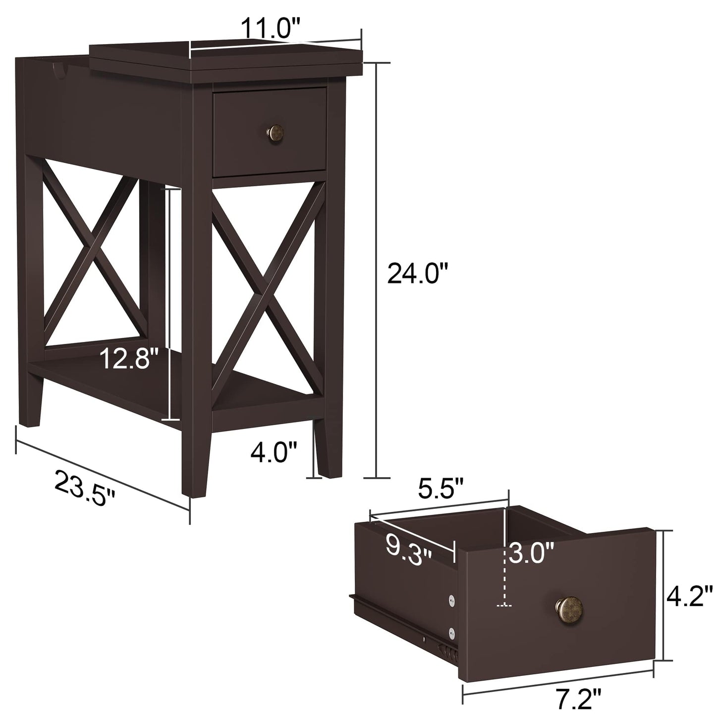 ChooChoo End Table Set of 2, Flip Top Narrow End Table with Drawer, Accent Small Side Table Nightstand for Living Room, Bedroom, and Small Spaces, Espresso