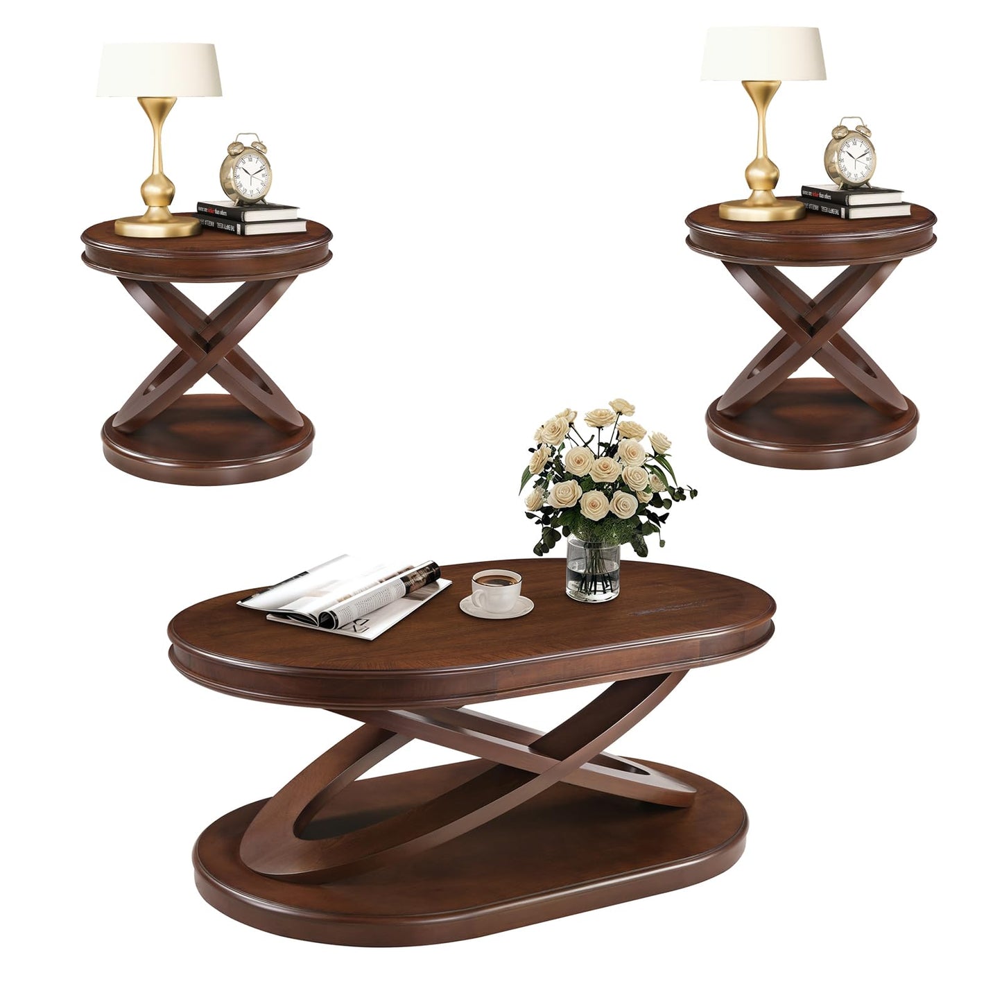 LKTART Wood Coffee Table Set of 3, Oval Coffee Table and Round End Tables Living Room Set of 2, Vintage Side Table with X-Shape Support,Walnut