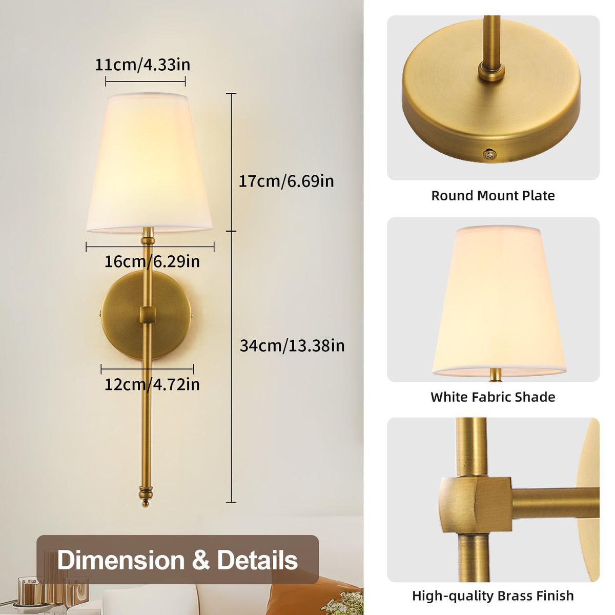 HOXIYA DIMMABLE Battery Operated Wall Sconces Set of 2, Rechargeable Wireless Gold Wall Lighting with Remote Control, Farmhouse Wall Lamp with Detachable Charging Light Bulb for Indoor Bedroom Brass