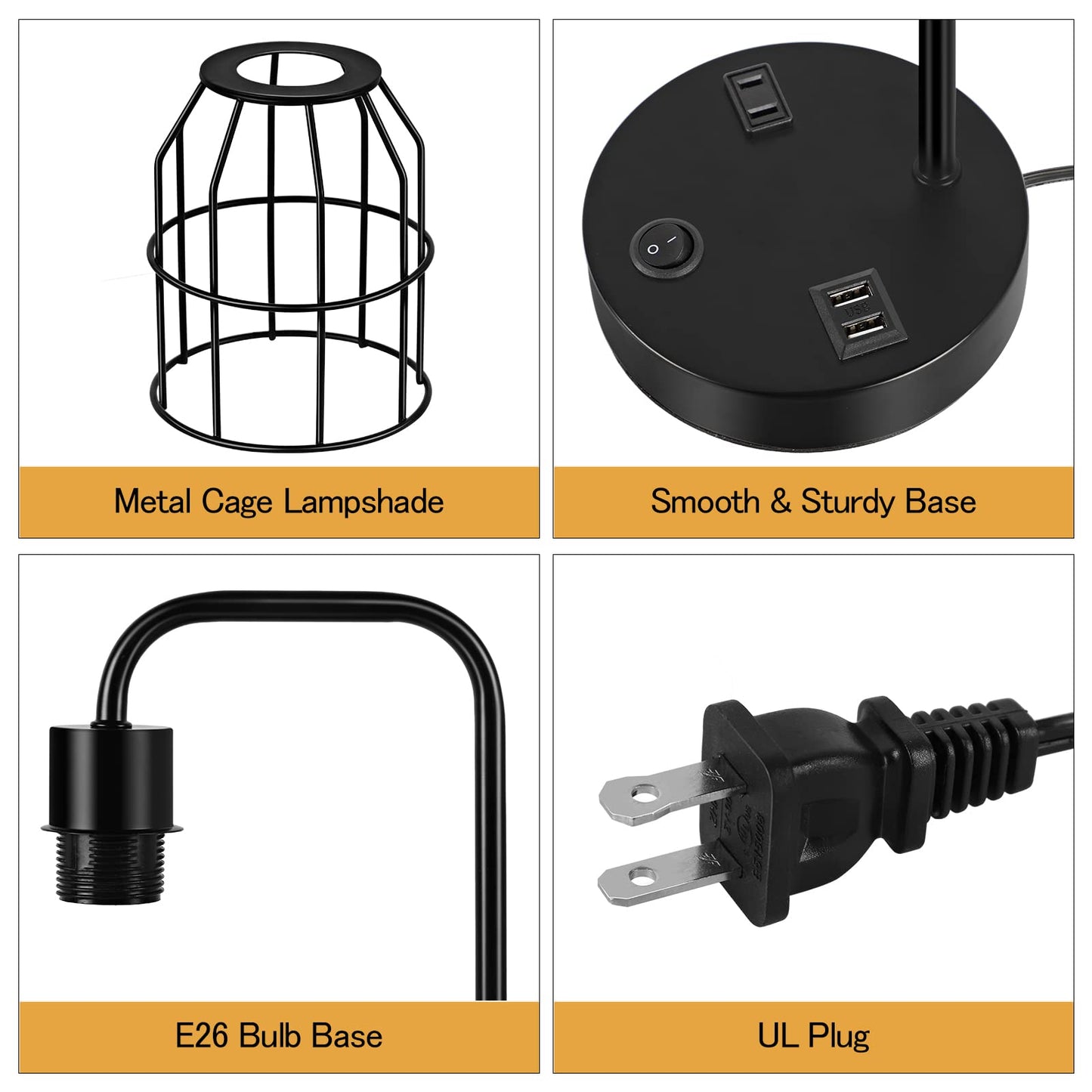 BTY Bedside Lamps Set of 2 Industrial Table Lamp with Dual USB Charging Ports and 2 Prong AC Outlet Farmhouse Nightstand Desk Lamps Edison Lamp with Metal Wire Cage for Bedroom Living Room