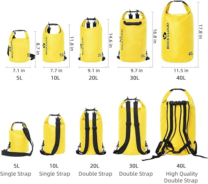 ROCK CLOUD Dry Bag Waterproof 40L Dry Sack for Kayaking Rafting Boating Beach Surfing Swimming Canoe Camping Hiking Fishing Ski, Yellow