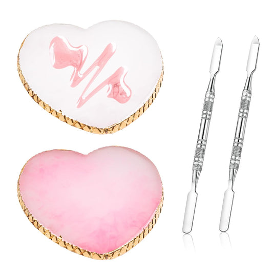 2 Pcs Resin Nail Art Palette and 2 Pcs Nail Brush, Color Palettes Cosmetic Mixing Tools, Nail Polish Palette with Stainless Stirring Rod for Nail Salons and Beginners (White, Pink)