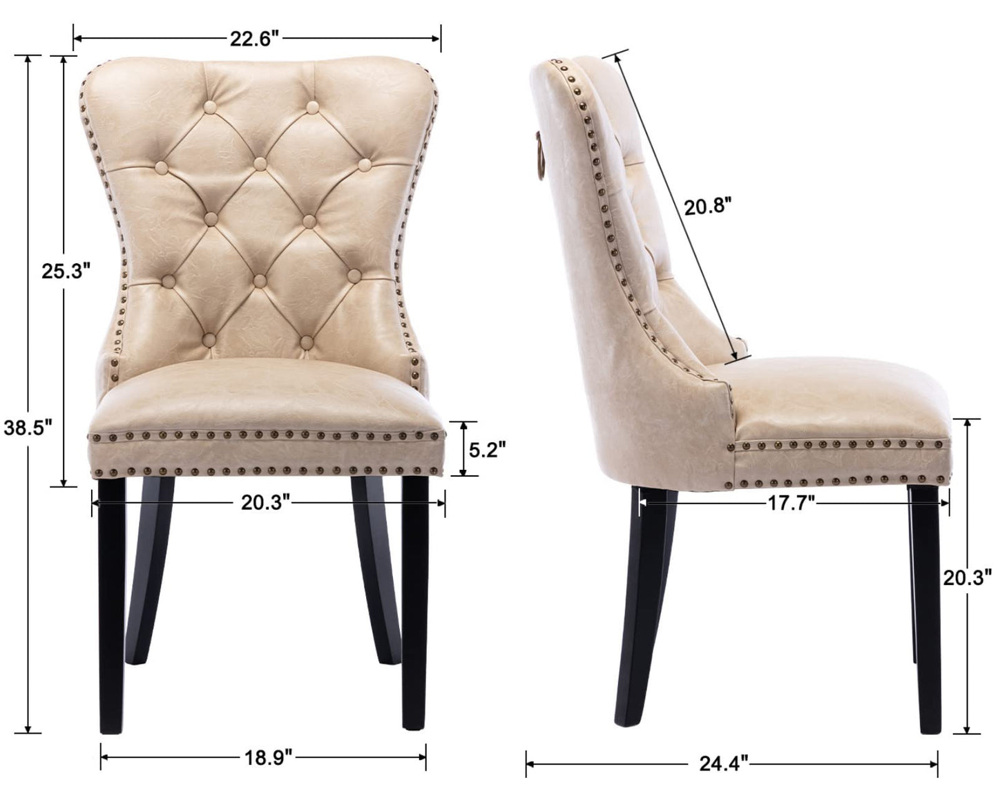 EALSON Modern Dining Chairs Set of 2 Mid Century Leather Dining Room Chairs with Wood Legs Tufted Upholstered Kitchen Side Chairs with Nail Head Trim for Dining Room/Living Room, Beige with Ring
