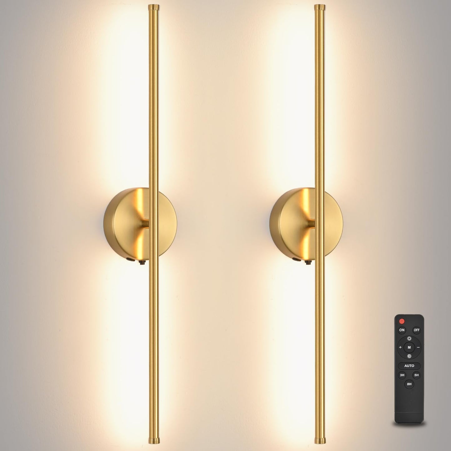 Povectolay Wall Sconces Battery Operated Set of Two, Gold LED Wireless Wall Sconce with Remote Control 350° Rotate, 27.6 Inch Dimmable USB Rechargeable Wall Lights for Living Room Bedroom Hallway