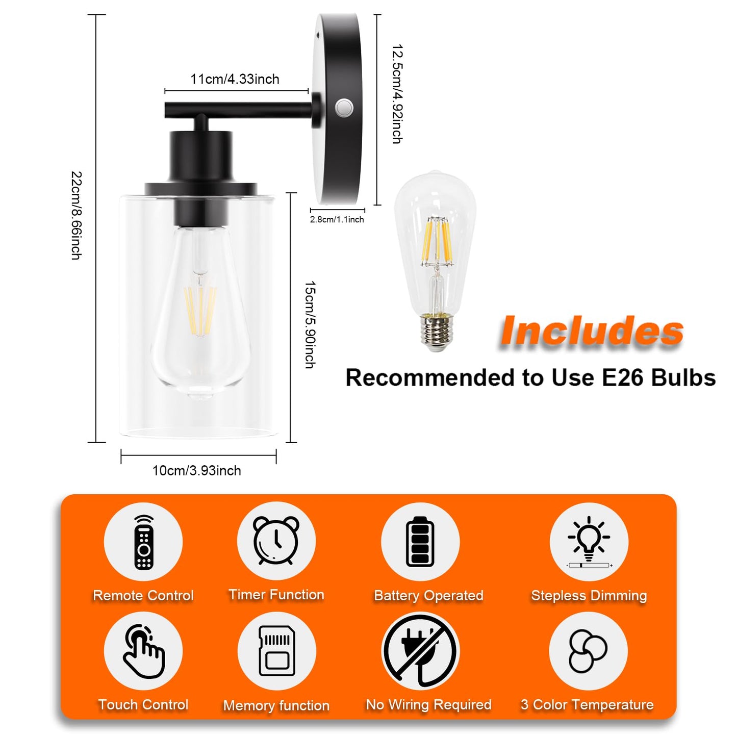 Battery Operated Wall Sconce Set of 2, Rechargeable Wall Sconce Lights with Remote, 3 Color Temperature Dimmable, E26 Edison Bulbs Magnetic Indoor Wireless Wall Lamp for Bedroom Bathroom Hallway-Black