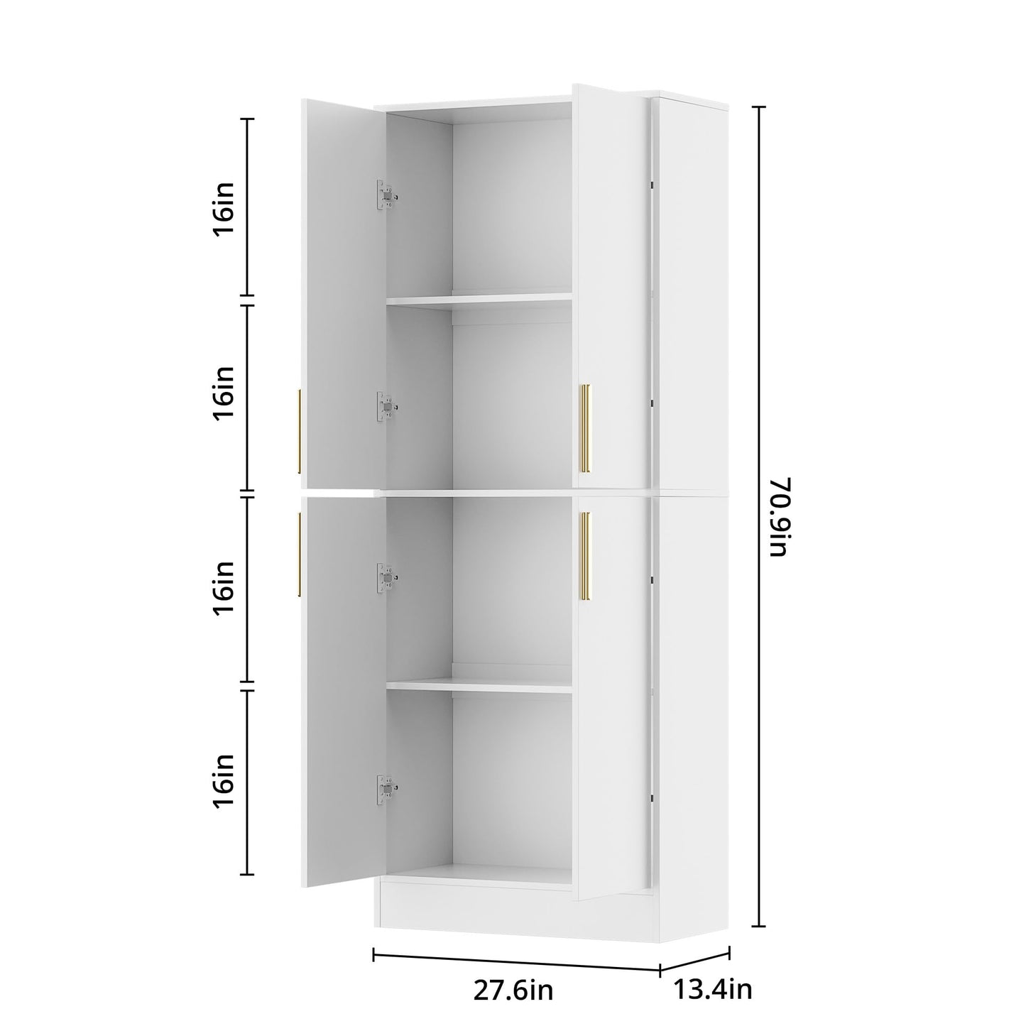 Housoul 71" Tall Pantry Cabinet with 4 Doors, Kitchen Pantry Storage Cabinet, Freestanding Larder Cupboard, Kitchen Hutch with Gold Handles for Dining Room, Bathroom, White