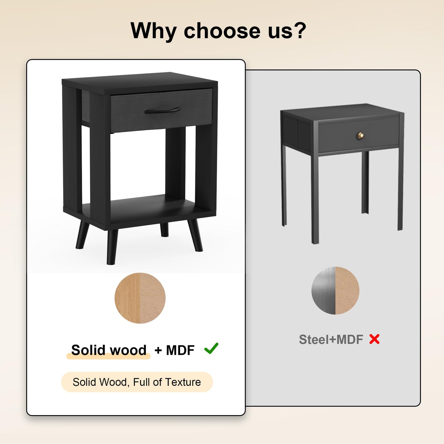 GYIIYUO Nightstands Set of 2 with Fabric Storage Drawer and Open Wood Shelf, Side Table with Storage for Bedroom, Night Stand with Drawer for Bedroom, Bedside Tables - Black 24" H