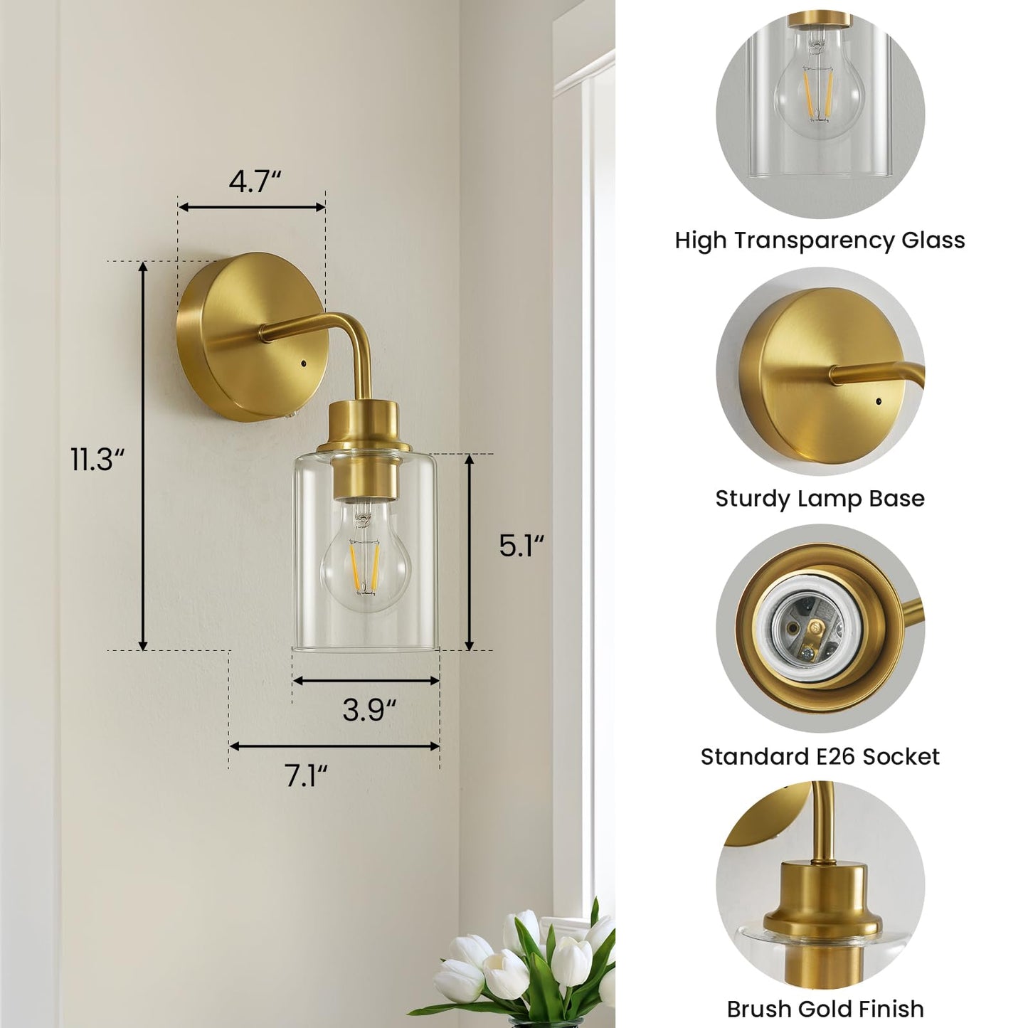 Epinl Battery Operated Wall Sconce Set of Two - Dimmable Wireless Sconces Set of 2 with Remote Control, Cordless Rechargeable Gold Wall Lights 3000K Modern Wall lamp for Bathroom Bedroom Living Room