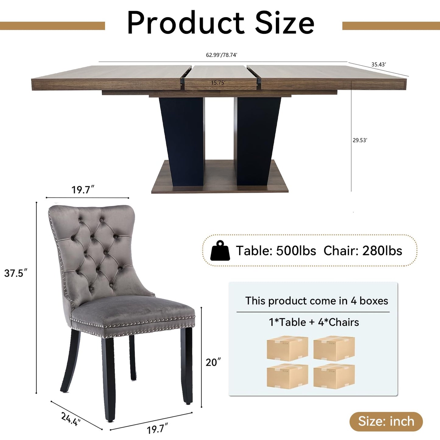 HomVent 5 Piece Extendable Dining Table Set for 4 with Chairs, 63"-78.7" 4 Person Dining Room Table Sets for 4-10 People, Wood Rectangle Farmhouse Expandable Kitchen Table Chairs Set of 4, Dinner Set