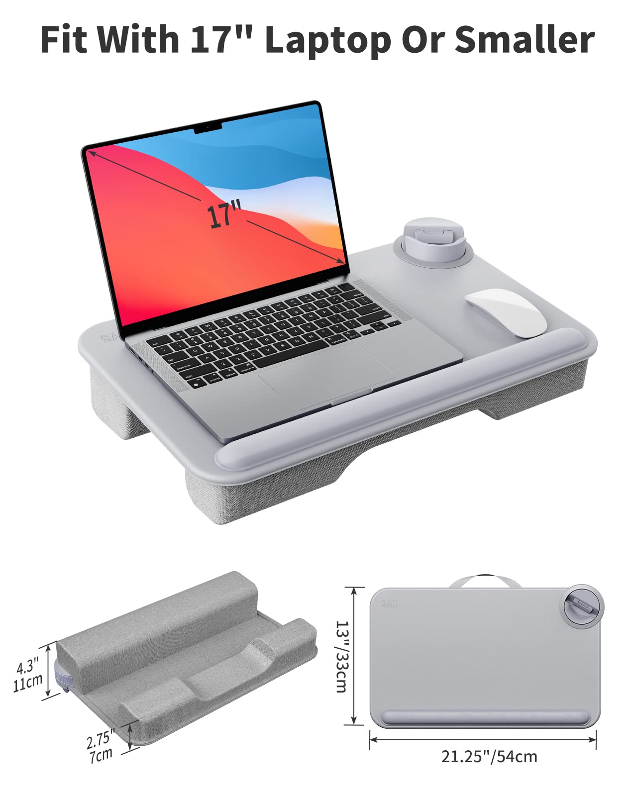 SAIJI Laptop Lap Desk for Bed—Fits Up to 17" Laptops & MacBook,Lightweight Tray Table with Soft Leather Wrist Pad,Sturdy Phone/Tablet Holder, Laptop Stand with Cushion for Home Office/Gaming On Couch