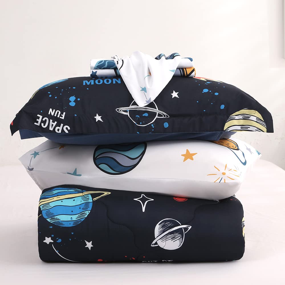 Wajade Kids Space Comforter Set Bed in A Bag Full Size 7 Piece 3D Space Rocket Planets Bedding Set for Teens Boys Girls (1 Comforter, 1 Flat Sheet, 1 Fitted Sheet, 2 Pillowcase and 2 Pillow Sham)