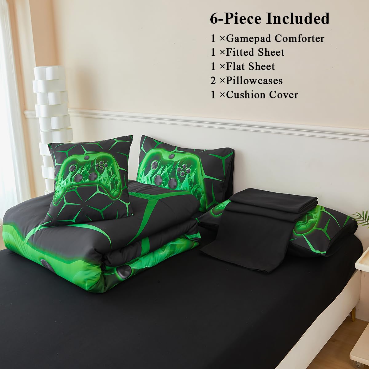 ZSYAYAHA Twin Bed Set for Boys Black and Green Gaming Comforter Set Kids Gamer Bedding Set for Teenage Girls Soft Lightweight 6 Pieces Geometric Bed in A Bag with Sheets(Green, Twin)