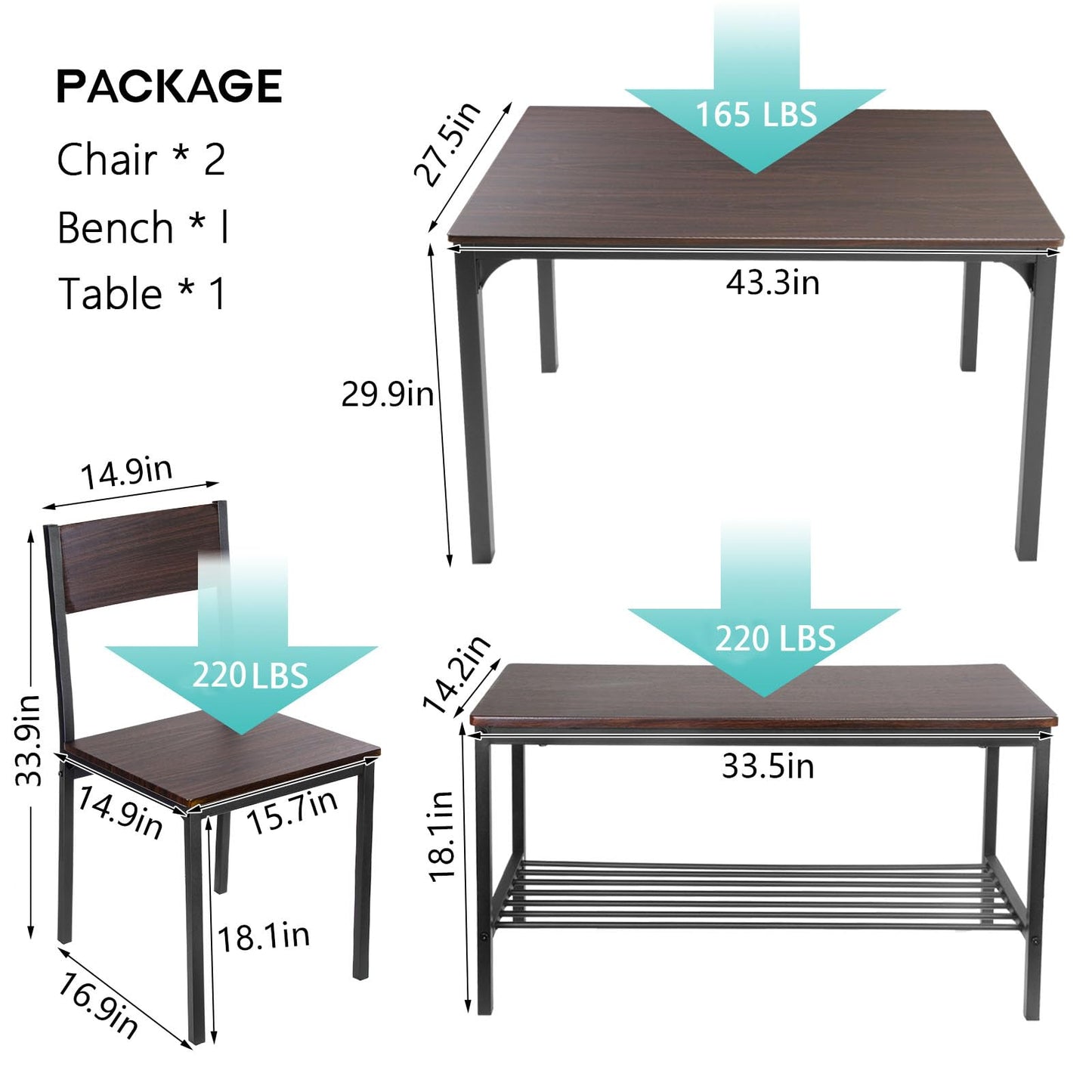 soges Dining Table Set for 4, 43.3 inch Kitchen Table Set with Chairs and Bench, 4 Piece Dining Room Table Set for Small Space, Apartment, Restaurant, Rustic Oak