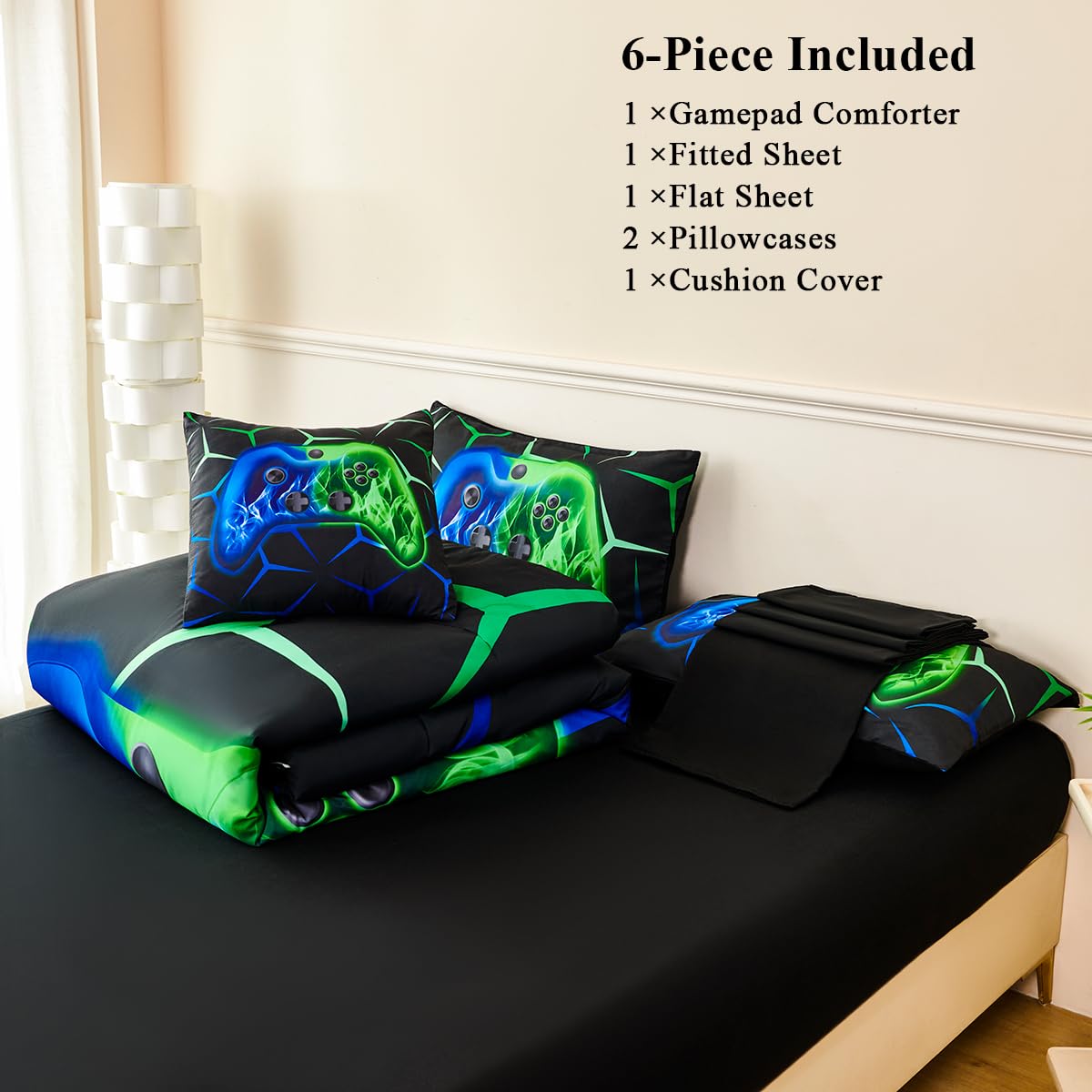 ZSYAYAHA Queen Gaming Bedding Set for Boys 6 Pieces Blue and Green Kids Bed in A Bag with Sheets Lightwight 3D Gamepad Bedding Comforter Set for All Seasons(Blue Green, Queen)