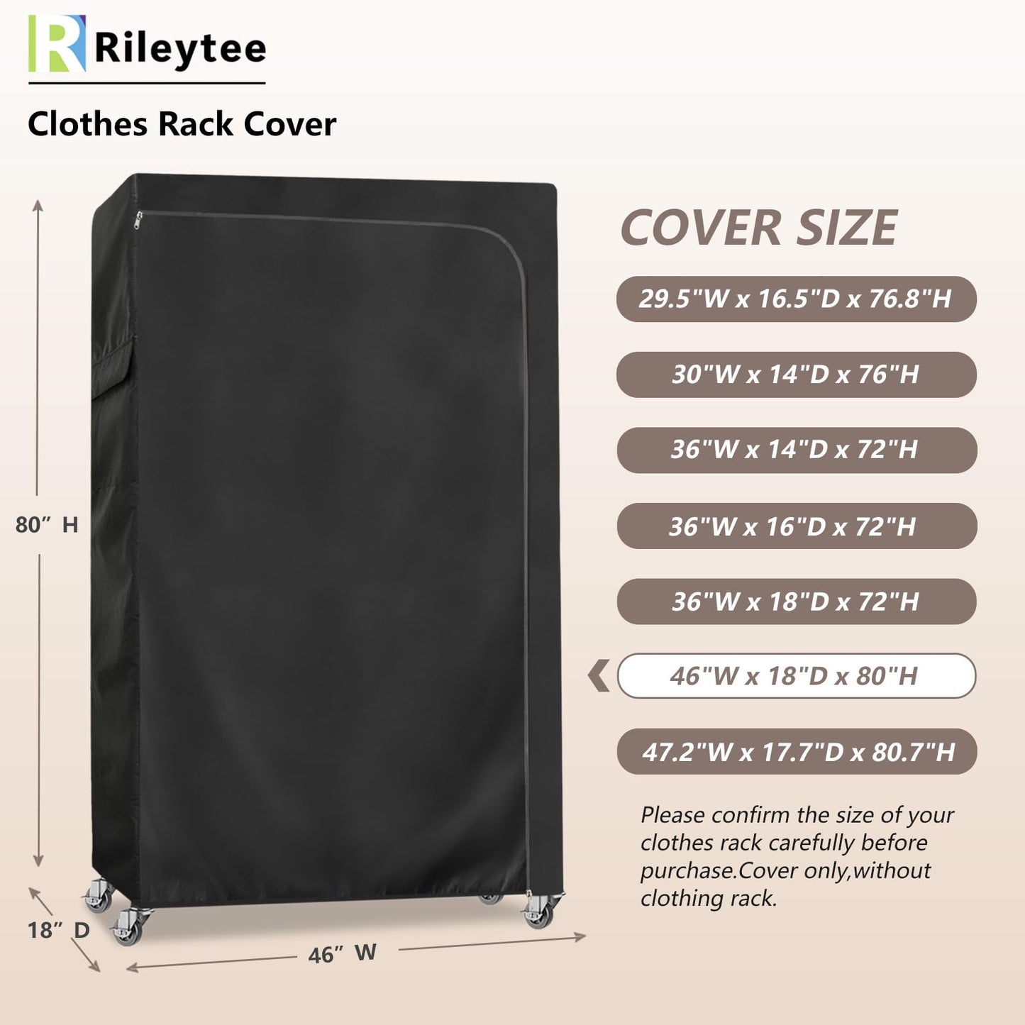 Rileytee Garment Rack Cover,600D Heavy Duty Waterproof Clothing Rack Cover,Clothes Rack Cover with Zipper for Metal Garment Rack(Black,46"W x 18"D x 80"H,Cover Only）