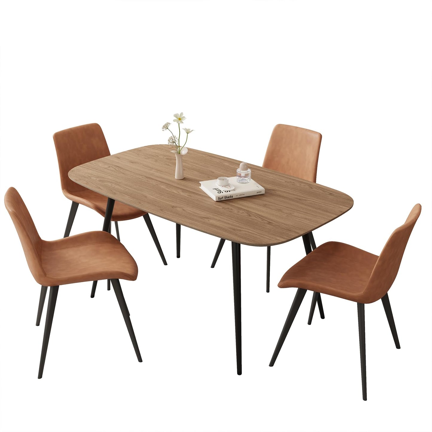 HIPIHOM 47.2'' Dining Table Set for 4,Modern Wood Dining Table,Leather Dining Chairs 4,Table and Chairs Set of 4,Ideal for Kitchen Dining Room (Walnut Color Table + 4 Brown Chairs, 47.2")