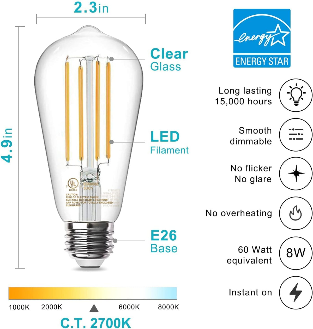 TJOY 4 Pack Edison LED Light Bulbs, E26 Base, 8W 2700K, Dimmable