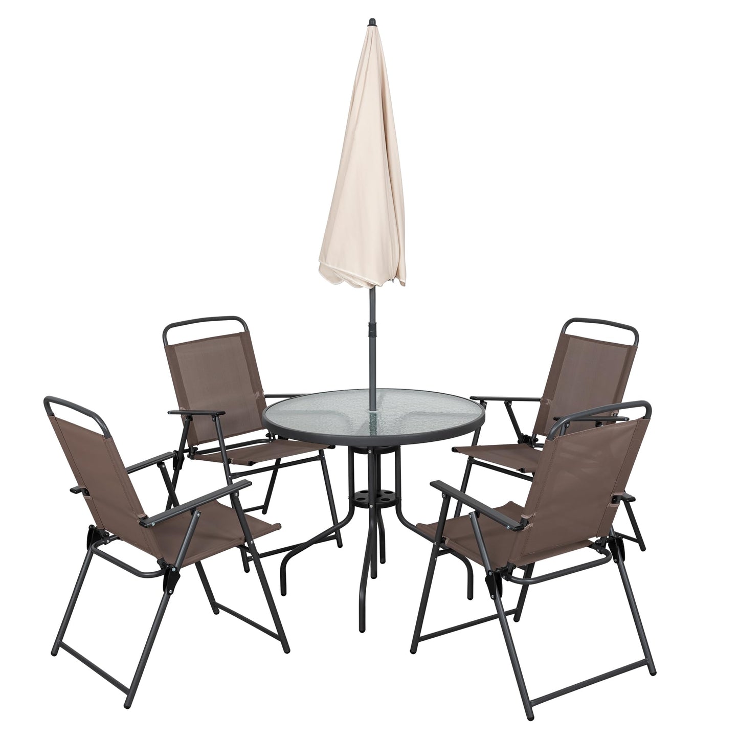 Shintenchi 6 Piece Patio Dining Set with Umbrella, Outdoor Furniture Set with 4 Folding Chairs and Tempered Glass Top Dining Table fot Lawn Backyard Garden Porch Brown and Beige