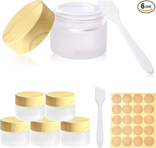 1/2 oz Glass Jars with Lids 6Pcs Frosted Glass Lip Balm Containers Cosmetic Containers Cream Box for Lotion Cream Lip Balm Eyeshadow, Spatulas,Stickers