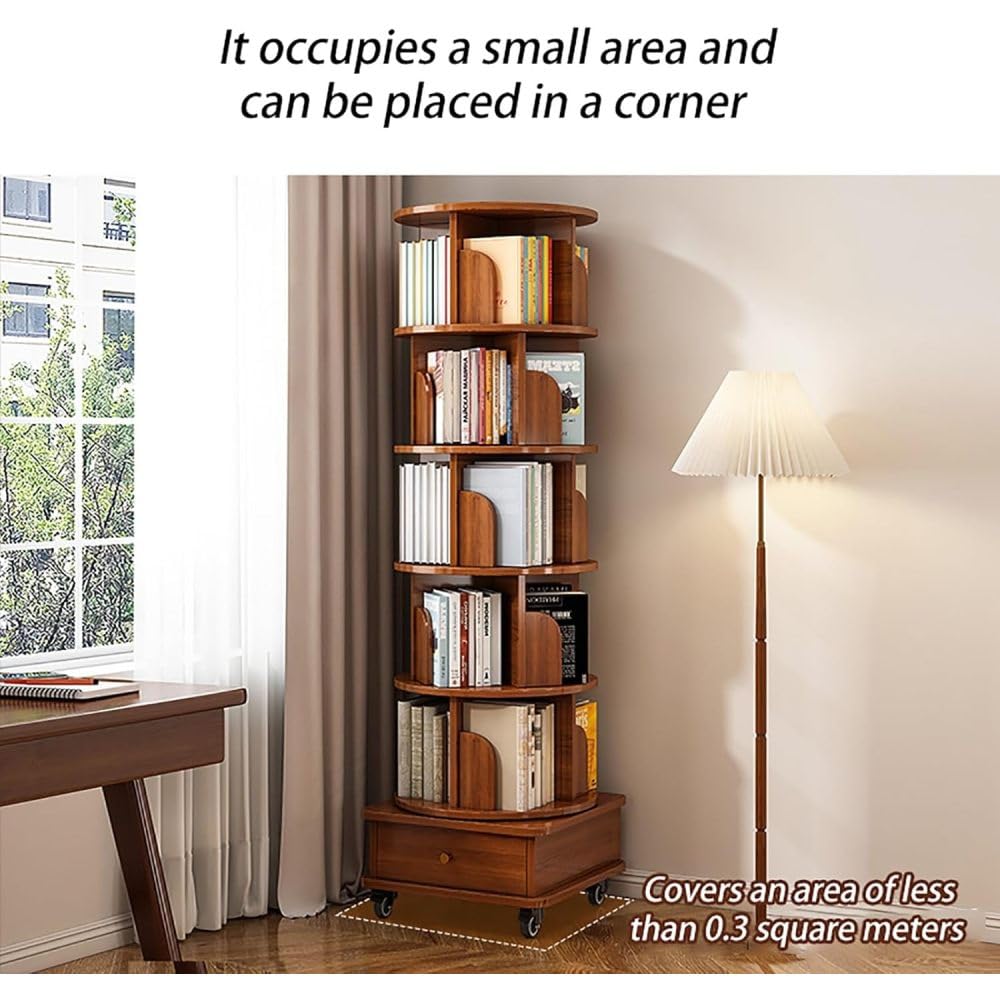 Hayiodda Modern 6 Tier Rotating Bookshelf with Drawer and Wheels, 360° Spinning Tall Bookshelf for Small Spaces, Slim Spining Bookcase for Bedroom, Living Room, Office, Walnut (6 Tier)