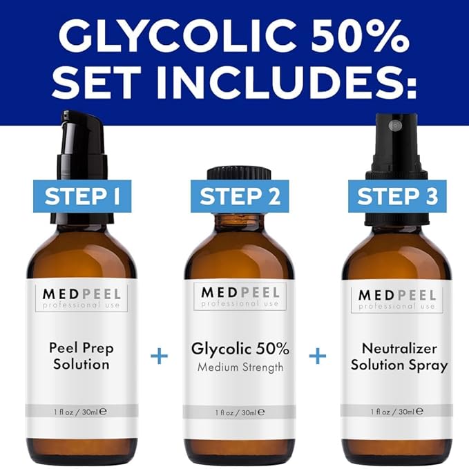 MedPeel Glycolic Acid 50% Essential Peel Kit, Includes Peel, Prep, Neutralizer, Medium Strength Chemical Face Peel, Minimize Fine Lines, Wrinkles, Dark Spots, All Skin Tones, 1oz/30ml (Kit of 3)