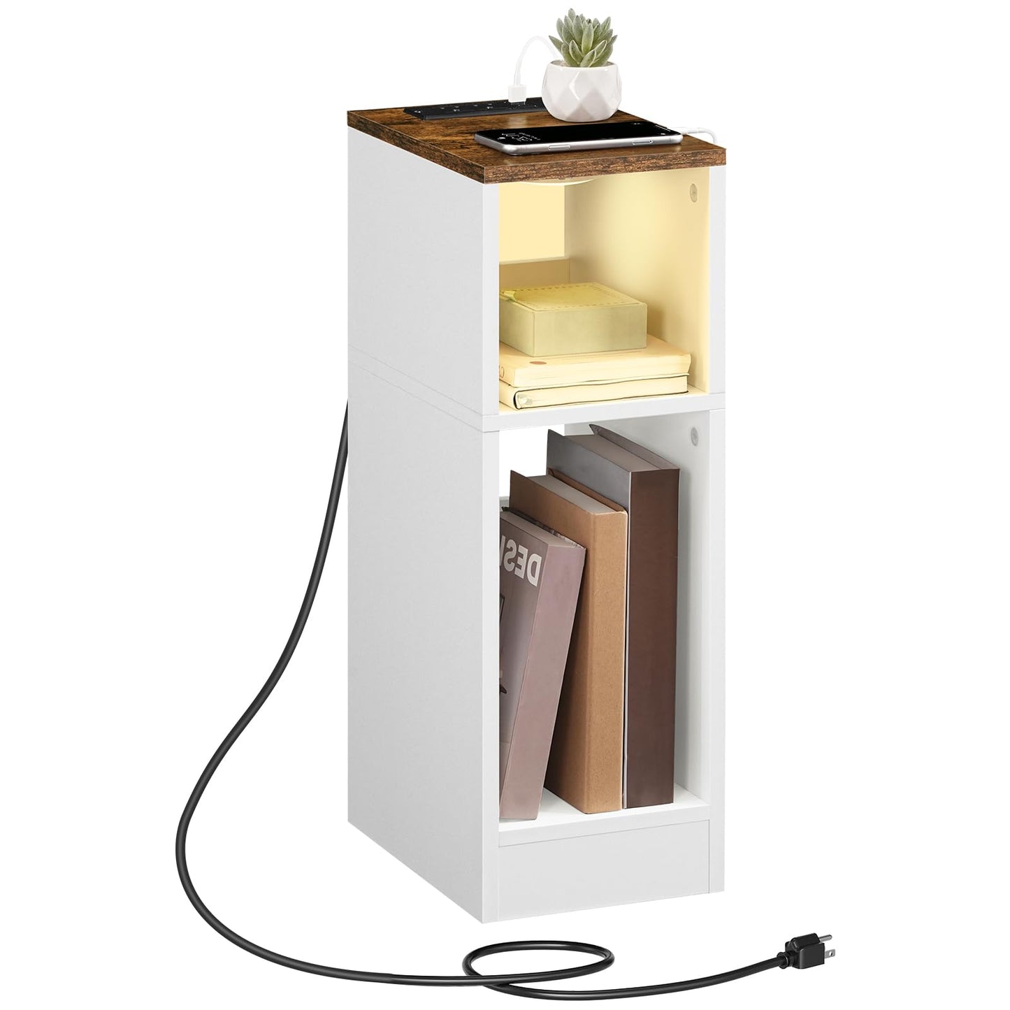 MAHANCRIS Narrow Nightstand, Slim End Table with Charging Station and LED Sensor Light, Modern Side Table, Bedside Table, for Small Spaces, Living Room, Bedroom, Rustic Brown and White ETBR25E01