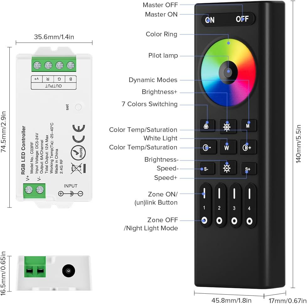 BTF-LIGHTING 2.4GHz Wireless RF Remote RC03RFB & C03RF Tuya Controller Kit