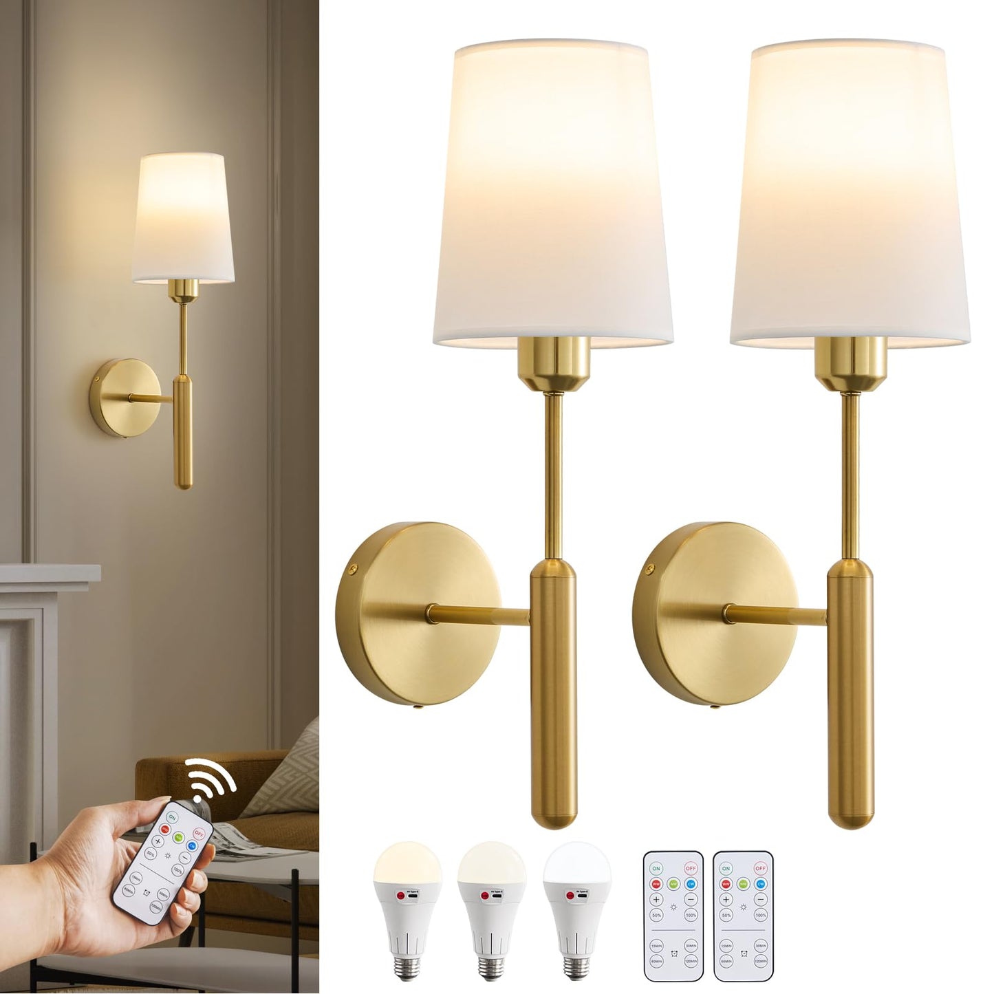 Powfloven Gold Wireless Battery Operated Wall Sconce Set of 2, Cordless Battery Powered Wall Lights with Remote, Dimmable Rechargeable Wall Lamp Decor in Door for Bedroom Living Room, 5000mAH