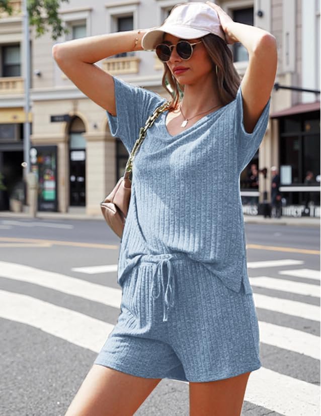 Womens Fashion 2 Piece Outfits Sweatsuits Ribbed Knit Summer Short Sleeve Loungewear V Neck Lounge Set