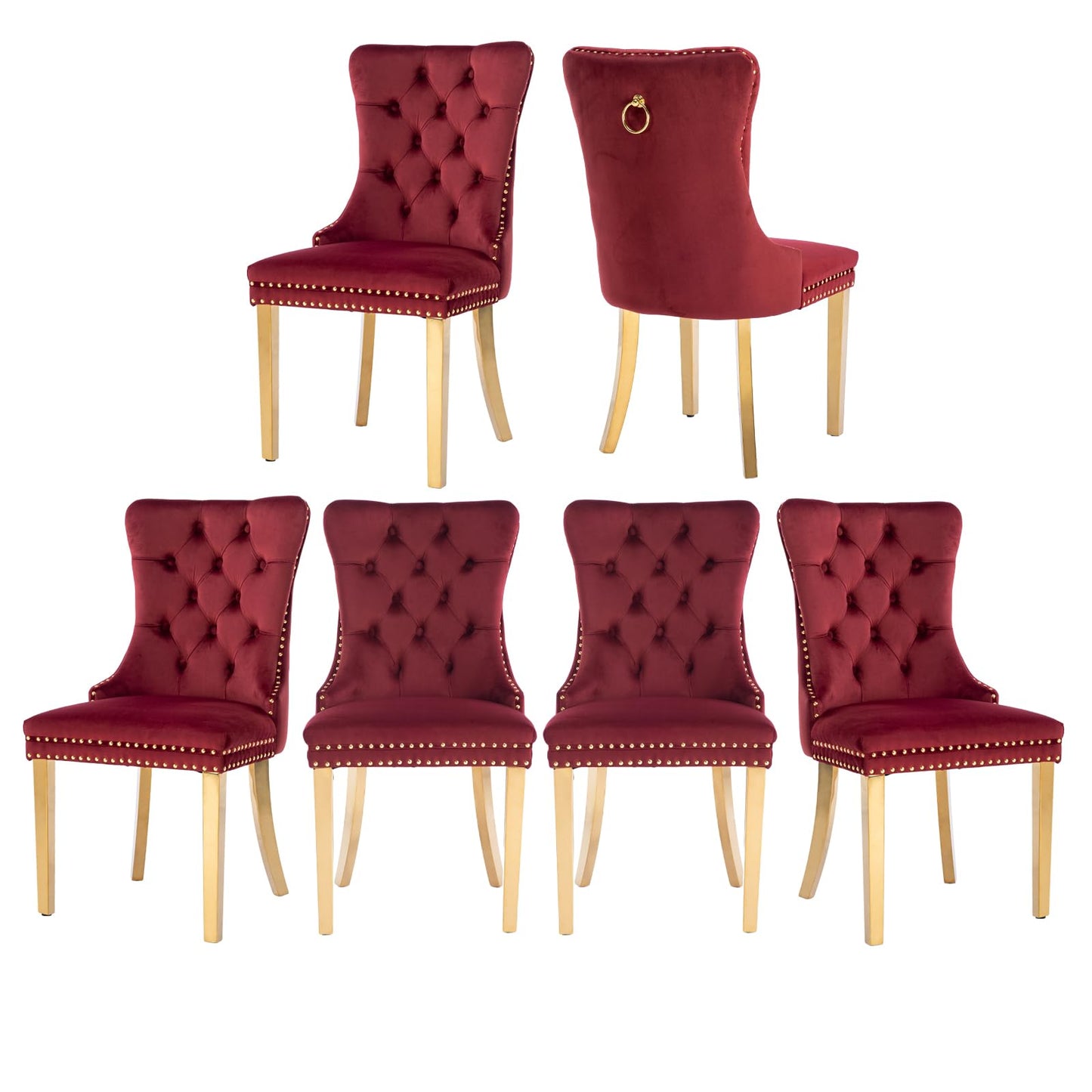 MZDOO Velvet Dining Chairs Set of 6, Tufted Upholstered Dining Room Chairs with Back Ring Pull, Nailhead Trim and Golden Legs, Modern Dinning Chairs for Dining Room, Kitchen(Wine Red)