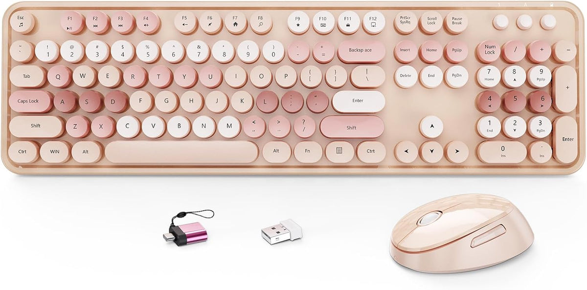 HotFox Wireless Keyboard and Mouse Combo, Full-Size Retro Typewriter Keyboard with Round Keycaps, Ergonomic Design for Windows PC, Home and Office Use -Brown