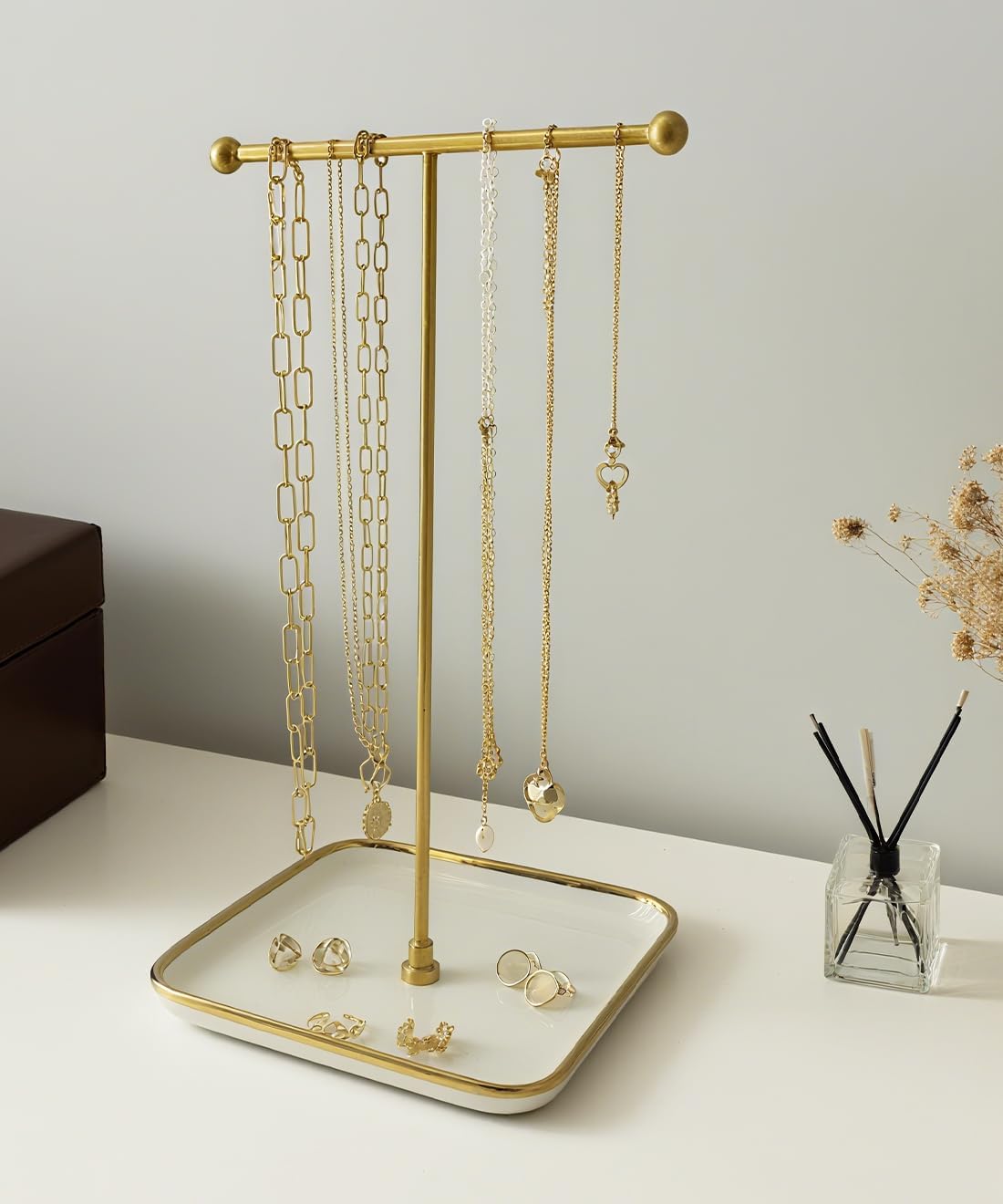 VROOMIUM Necklace Holder with Ceramic Base,1FT Height Stand,Sq.Wh-Gd