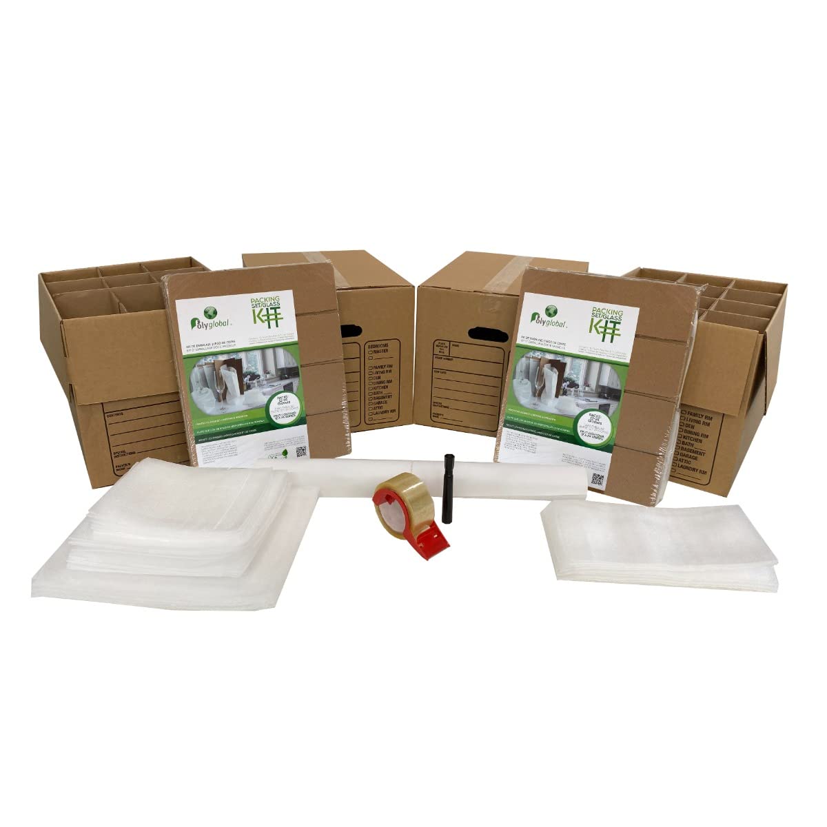 Kitchen Moving Box & Supplies Kit #1 4 Boxes with Dish/Glass Inserts