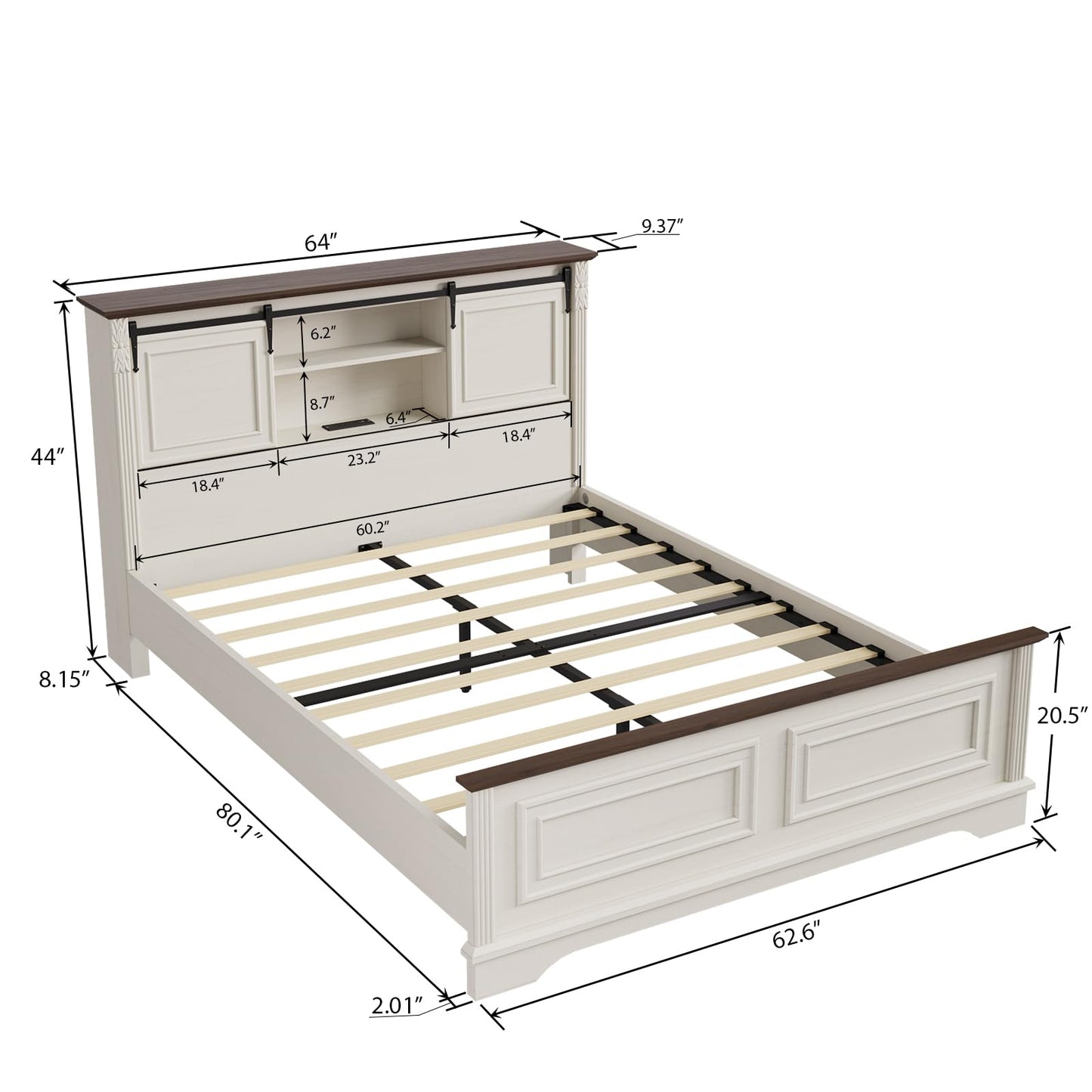 BLANKSPACE Queen Size Bed Frame with Storage Headboard, Charging Station, Bracket Footboard, Farmhouse Bed Frame with Bookcase and Sliding Barn Doors, Noiseless,（Antique White）