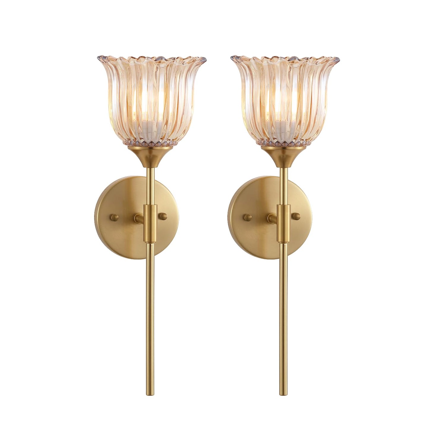 BYOLIIMA Gold Wall Sconce Set of 2 with Amber Glass Shades Modern Mid Century Bathroom Vanity Wall Light Fixtures Industrial Brushed Brass Wall Lamp for Bedroom Mirror Living Room Restaurant
