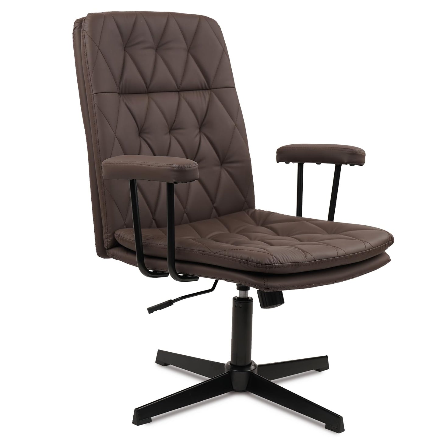 CLATINA Office Chair No Wheels, Leather Criss Cross Desk Chairs with Arms, Modern Cross Legged Computer Chair, Mid Back Height Adjustable Swivel Task Vanity Chair for Home Office, Chocolate Brown