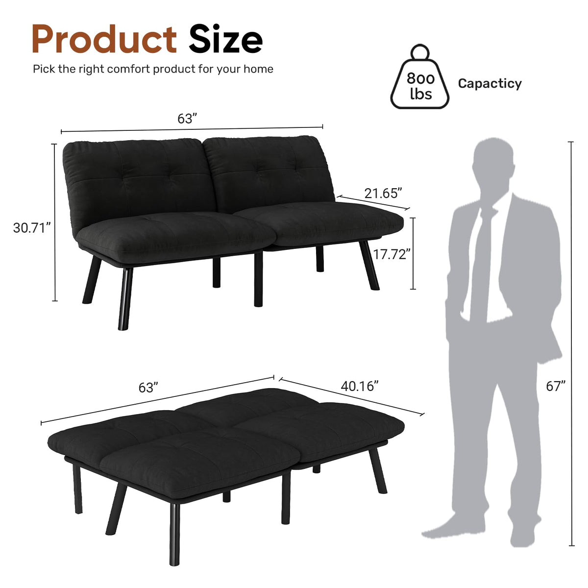 homeokay Futon Sofa Sleeper Couch Bed with Adjustable Backrest Thick Cushion Velvet Fabric for Department Living Room Lounge Sofa Loveseat (Black)