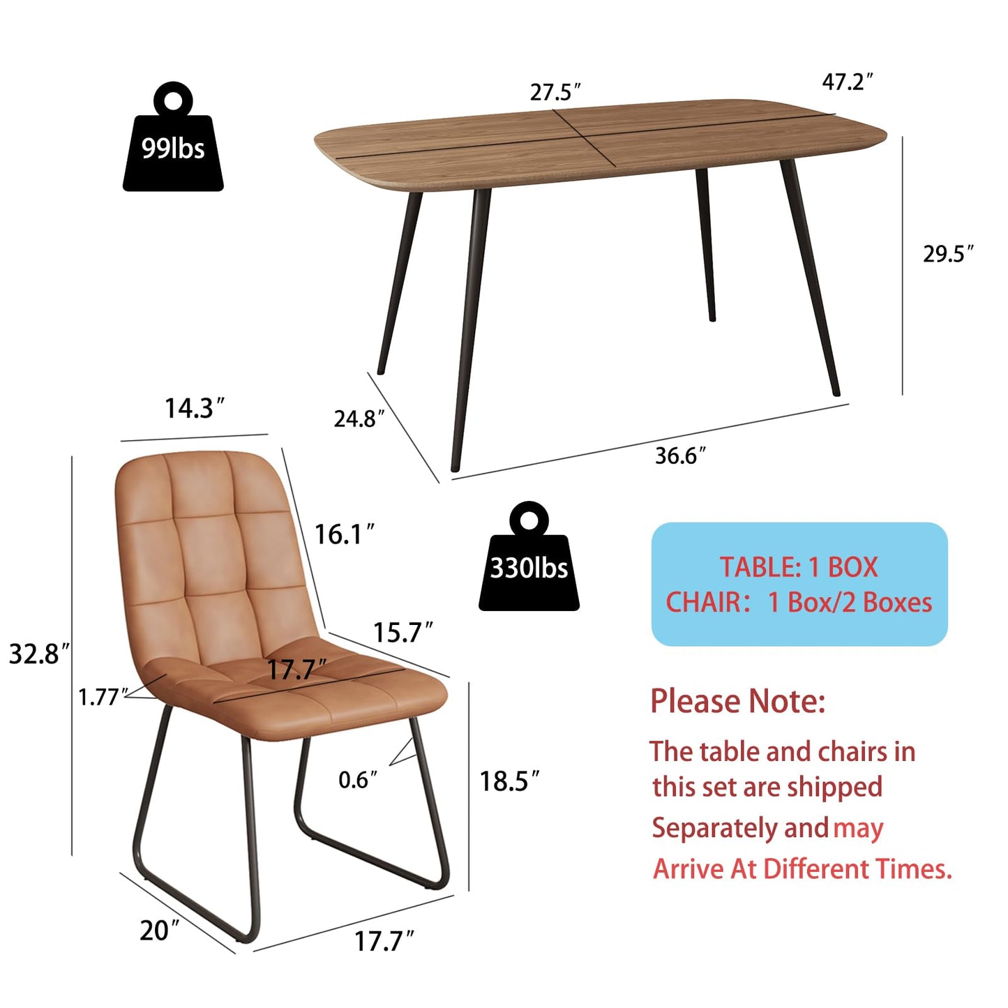 HIPIHOM 47.2'' Dining Table Set for 4,Modern Wood Dining Table,Leather Dining Chairs 4,Table and Chairs Set of 4,Ideal for Kitchen Dining Room (Walnut Color Table + 4 U-Shaped Brown Chairs, 47.2")