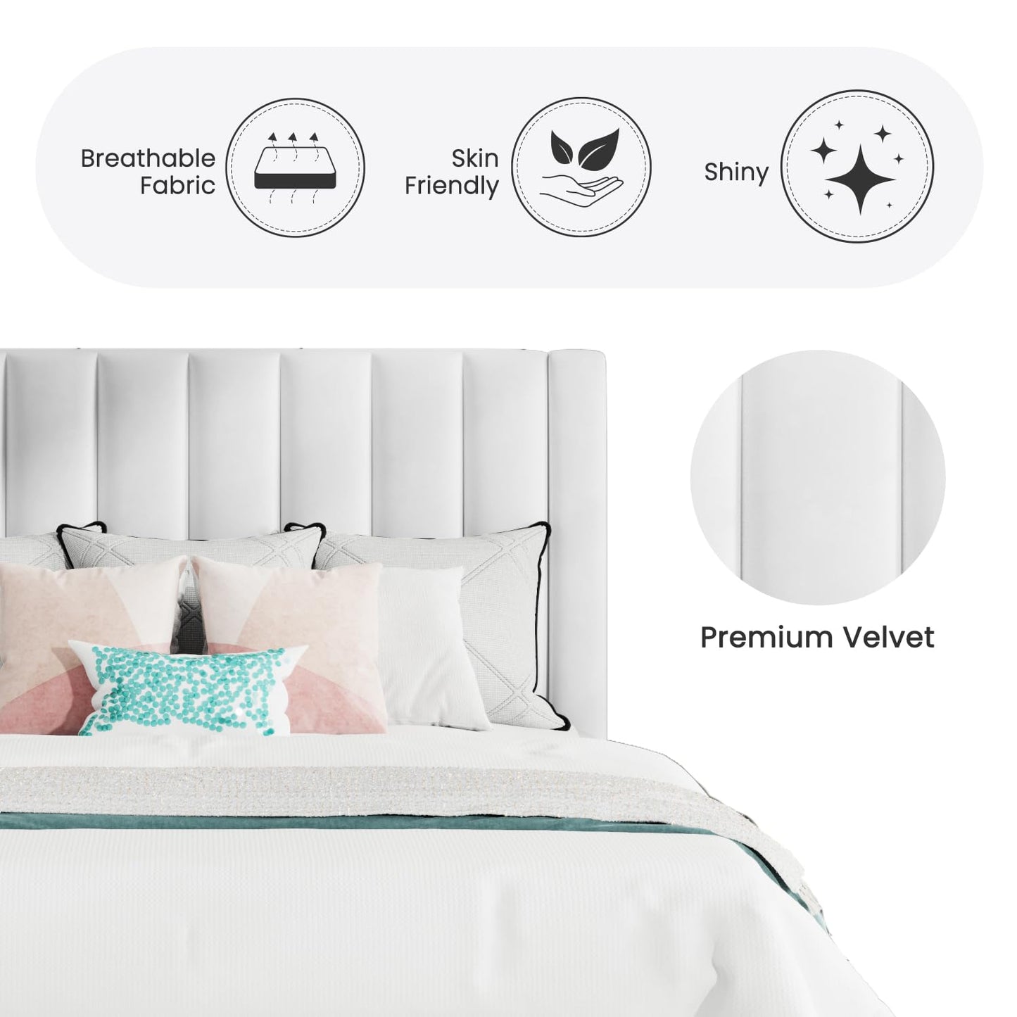 SHA CERLIN Full Bed Frame/Velvet Upholstered Platform Bed Frame with Headboard/Strong Wood Slats Support/Mattress Foundation/No Box Spring Needed/Easy Assembly/White