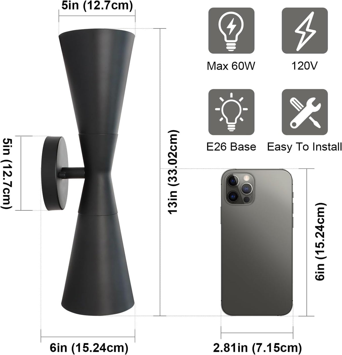 Wall Sconce Bathroom Sconces Lighting, 13 inch Black Modern Sconces Up Down Lights Wall Decor Indoor Wall Light Fixtures for Living Room Hallway Staircase Bedroom Hardwired