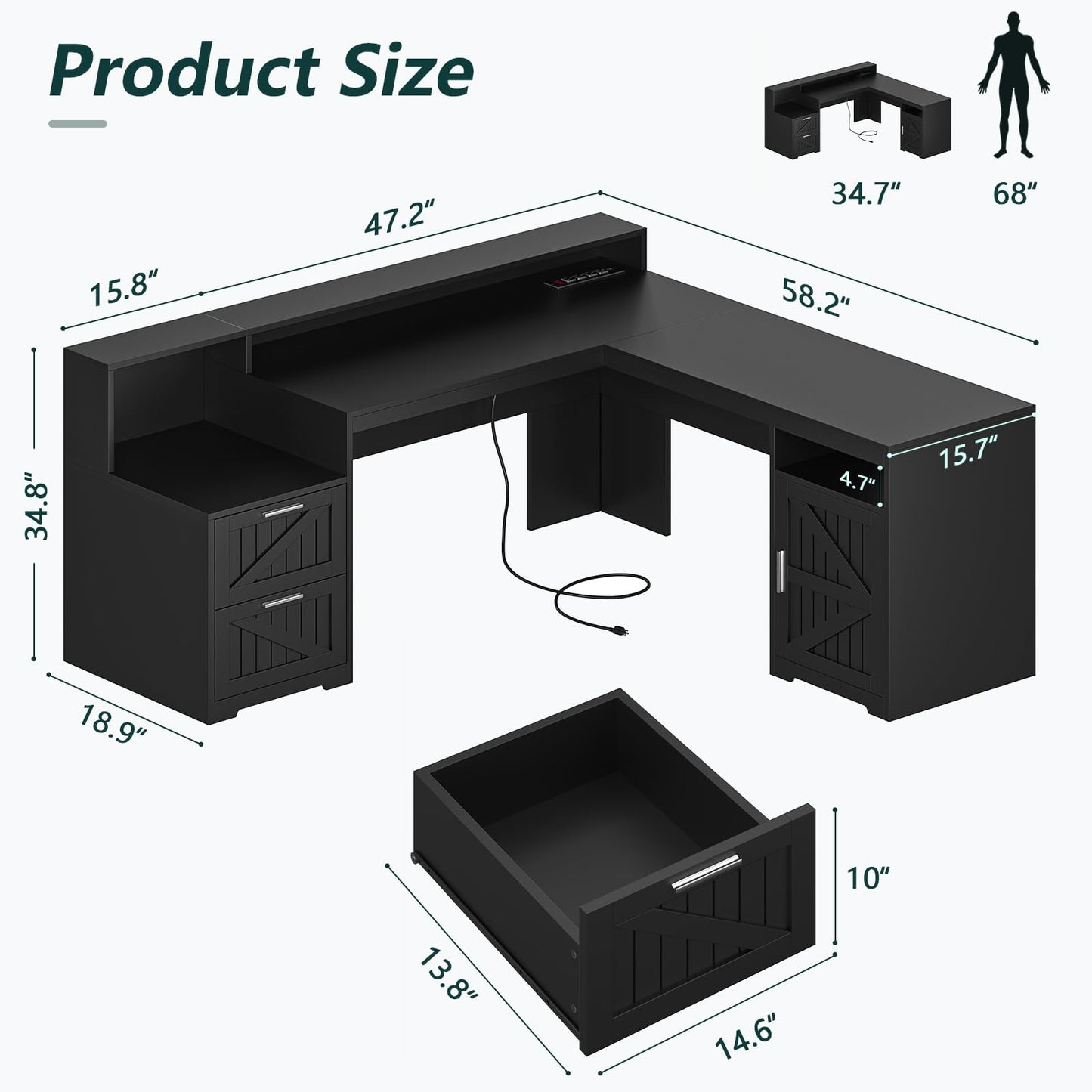 YOMILUVE 63" Farmhouse L Shaped Desk with Drawers & Storage Shelf, Corner Computer Desk with Power Outlets for Home Office, Executive Desk with Monitor Stand, Printer Shelf, Black